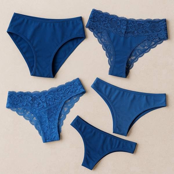 Verschiedene blaue getragene Damen-Slips – frisch, feminin und echt