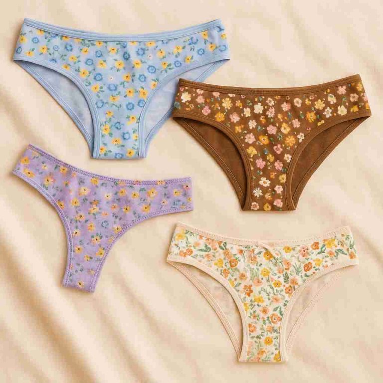 Getragene Slips mit buntem Blumenmuster – vielfältige, florale Designs in leuchtenden Farben