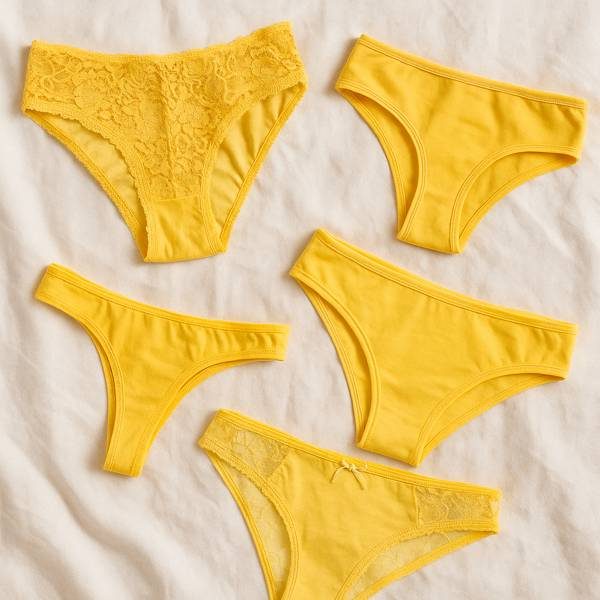 Fünf gelbe getragene Damen-Slips – sonnig, verspielt und individuell getragen
