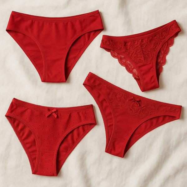 Vier rote getragene Slips von echten Frauen – stilvoll auf hellem Stoff präsentiert