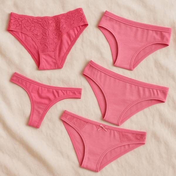 Fünf rosa getragene Damenhöschen – zart, verspielt und liebevoll präsentiert