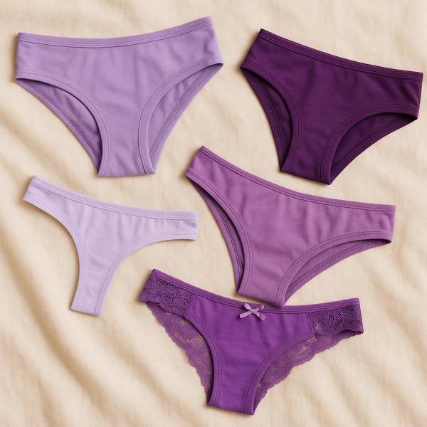 getragene Damen-Slips in verschiedenen Lilatönen – elegant & individuell